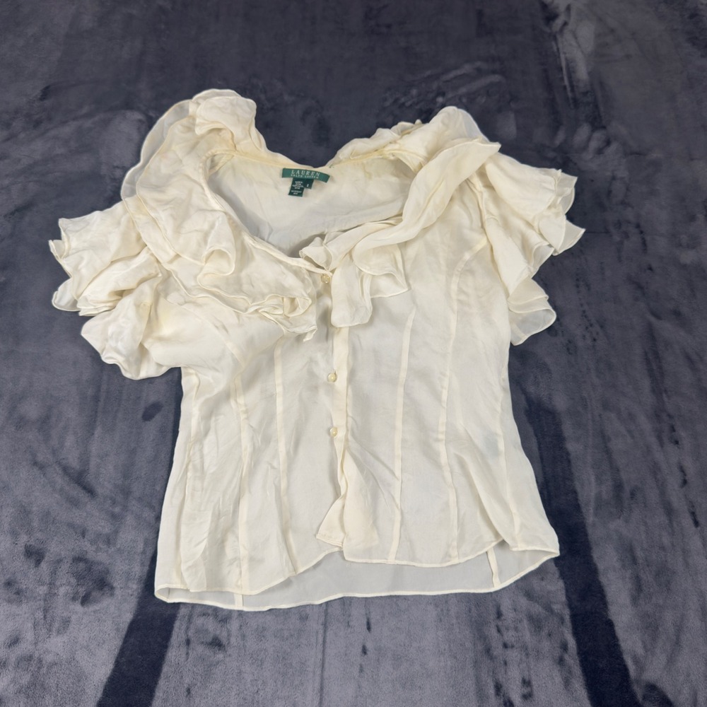 Lauren Ralph Lauren Blouse Womens 2 Cream Silk Ruffle Tiered Sleeve Pintuck Top